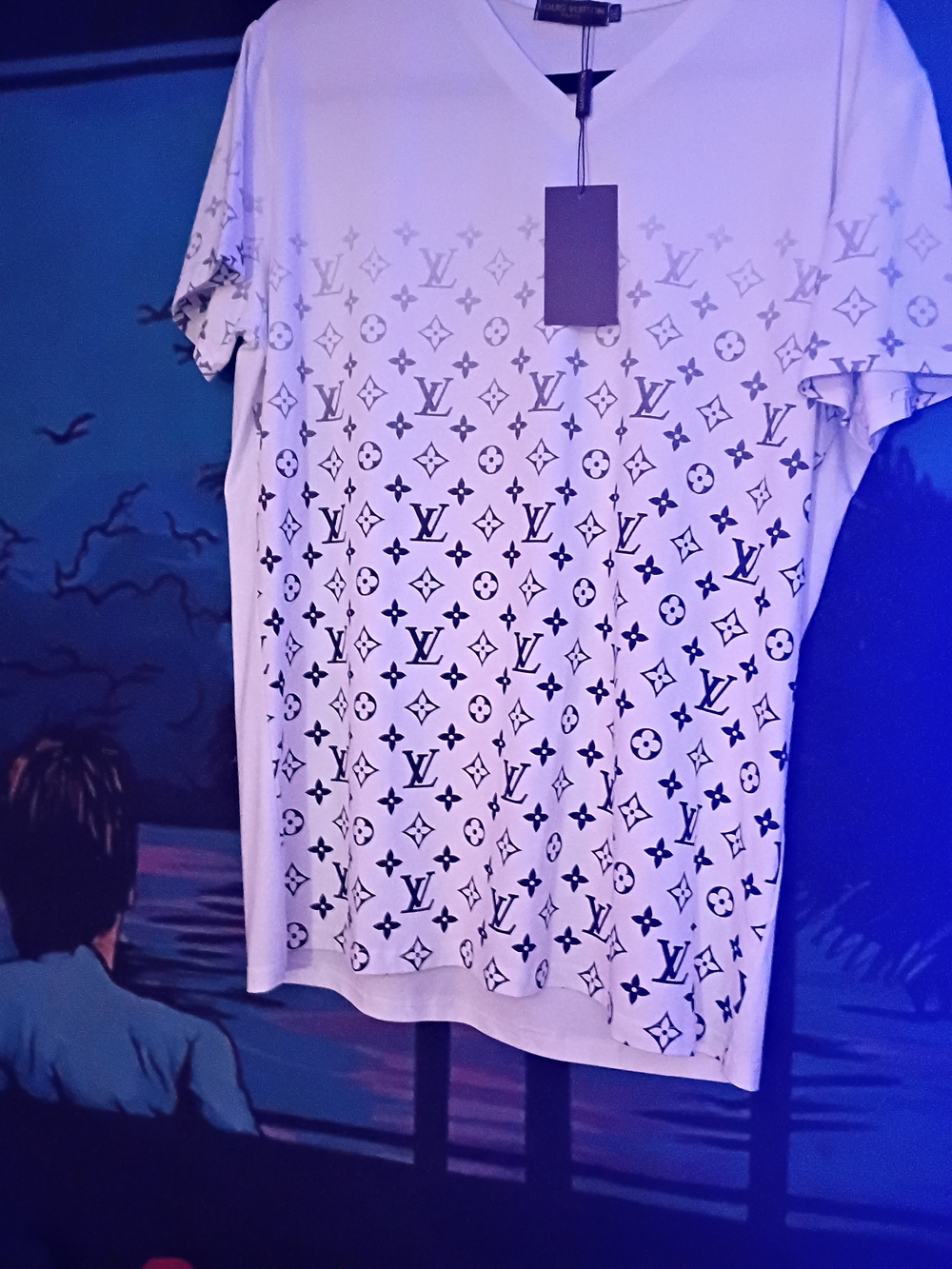 Louis Vuitton White Short Sleeve Monogram Tee with Black Logo Print